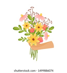 Large flower bouquet in hand. Vector illustration on a white background.