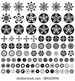 Large flower icon set. Various floral blooms, tulip, narcissus, clover, rose etc. Isolated. 