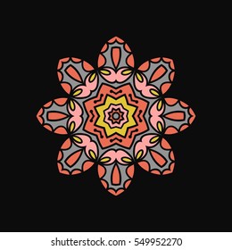 Large flower mandala on a dark background. Flower circular ornament. A stylized mandala. Beautiful ethnic, oriental kaleidoscope big bud. Stylized lace ornament. Vintage