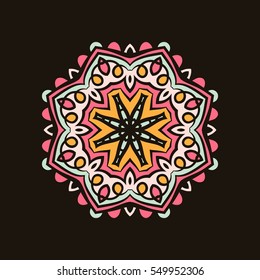 Large flower mandala on a dark background. Flower circular ornament. A stylized mandala. Beautiful ethnic, oriental kaleidoscope big bud. Stylized lace ornament. Vintage