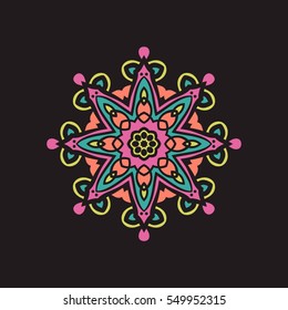 Large flower mandala on a dark background. Flower circular ornament. A stylized mandala. Beautiful ethnic, oriental kaleidoscope big bud. Stylized lace ornament. Vintage