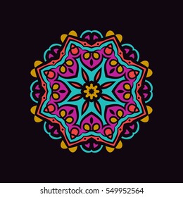 Large flower mandala on a dark background. Flower circular ornament. A stylized mandala. Beautiful ethnic, oriental kaleidoscope big bud. Stylized lace ornament. Vintage