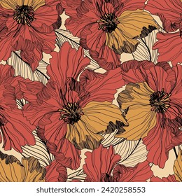 Large flowers with Black outline. Flowers seamless patttern . Retro flowers with red and yellow petals.