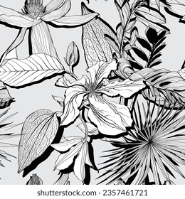 Large flowers, buds and leaves, clematis on a vintage abstract style. Seamless floral illustration. Square repeating design template for fabric.