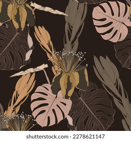 Large flowers, buds and leaves, strelitzia and feijoa on a black background. Seamless floral illustration. Square repeating design template for fabric.