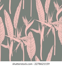 Large flowers, buds and leaves, strelitzia on a vintage background. Seamless floral illustration. Square repeating design template for fabric.