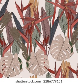 Large flowers, buds and leaves, strelitzia on a vintage abstract style. Seamless floral illustration. Square repeating design template for fabric.