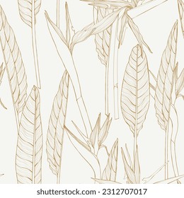 Large flowers, buds and leaves, strelitzia on a golden colors background. Seamless floral illustration. Square repeating design template for fabric.