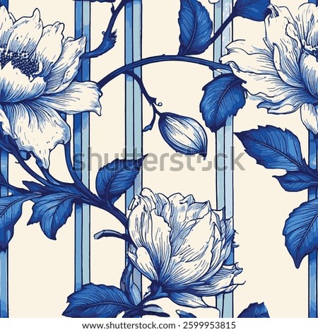 Large flowers and elegant leaves dance on a background divided by vertical lines. The use of blue tones in a balanced harmony with white gives the pattern a sophisticated air