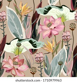 Large flowers, inflorescences, buds and lotus leaves, Strelitzia and Proteus on a beige, cream background. Vector seamless floral illustration. Square repeating design template for fabric, wallpaper.