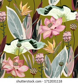 Large flowers, inflorescences, buds and lotus leaves, Strelitzia and Proteus on a moss green background. Vector seamless floral illustration. Square repeating design template for fabric, wallpaper.