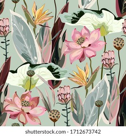 Large flowers, inflorescences, buds and lotus leaves, strelitzia and proteus on a light sage greeen background. Vector seamless floral illustration. Square repeating design template for fabric