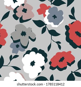 Large flowers on grey background. Seamless vector pattern. Vintage print with abstract plants. Retro textile collection.