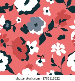 Large flowers on red background. Seamless vector pattern. Vintage print with abstract plants. Retro textile collection.