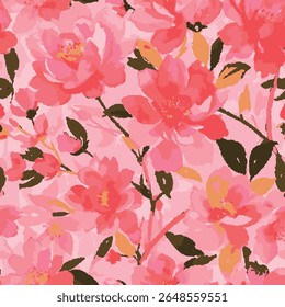 Large flowers in shades of red and pink are prominently placed in the centre