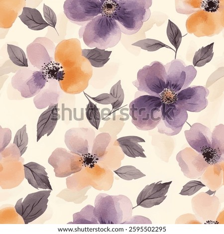 Large flowers in soft purple and peach on a cream background. watercolor flower seamless pattern. Watercolor print in rustic vintage style, textile or wallpapers.
