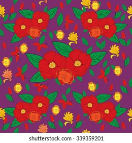 Large flowers of wild rose on a purple background. Seamless pattern for design.