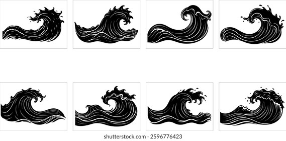 Large flowing waves of black ink, swirling in a dynamic and mesmerizing motion, evoking a sense of energy and artistic fluidity. Perfect for digital artwork, creative projects, and bold graphic design