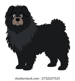 Cão preto grande fofo de pé em vista lateral, corpo inteiro. Cachorro doméstico de pelo grosso. Adequado para livros infantis, adesivo, mascote, cartazes, logotipo. Ilustração isolada de vetor no plano de fundo branco 