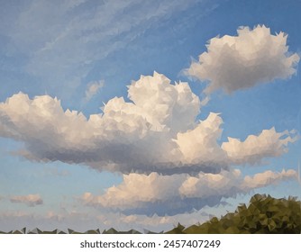 Large, fluffy cloud formation in a blue sky above a row of green trees. The white and gray hues of the cloud stand out against the sky, symbolizing tranquility.