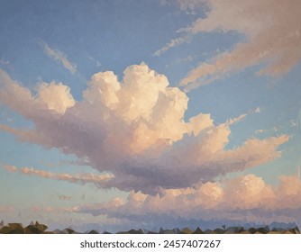 Large, fluffy cloud formation in a blue sky above a row of green trees. The white and gray hues of the cloud stand out against the sky, symbolizing tranquility.