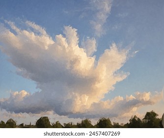 Large, fluffy cloud formation in a blue sky above a row of green trees. The white and gray hues of the cloud stand out against the sky, symbolizing tranquility.