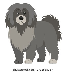 Großer flauschiger grauer Hund, der in Seitenansicht steht, voller Körper. Haushund mit dickem Fell. Geeignet für Kinderbücher, Aufkleber, Maskottchen, Poster, Logo. Isolierte Vektorgrafik auf weißem Hintergrund 