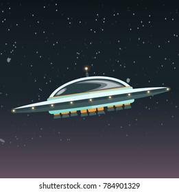A large flying saucer flies in the starry sky. Space travel. Vector illustration