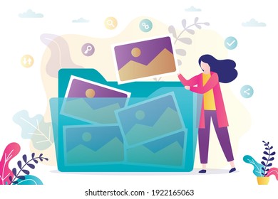 Large Folder With Collection Of Different Photos. Male Character Pulls Out Photo From Archive. Concept Of Content Storage, Cloud And Database. Organization Of Photos And Documents. Vector Illustration