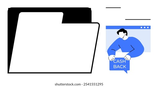 Grande ícono de carpeta con una persona en azul sosteniendo un signo de devolución de dinero en efectivo que representa recompensas de compras en línea. Texto y Formas en estilo minimalista. Ideal para comercio electrónico, promociones, finanzas, ahorros