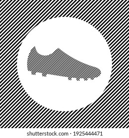 A large football boot symbol in the center as a hatch of black lines on a white circle. Interlaced effect. Seamless pattern with striped black and white diagonal slanted lines