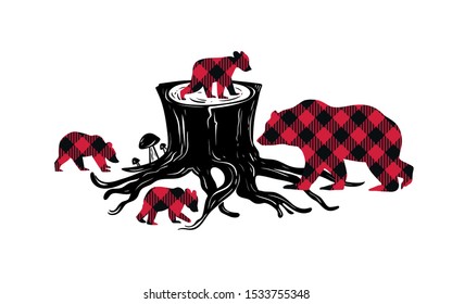 
 Large forest stump, Buffalo Plaid she bear and her curious cubs. Vector illustration of wildlife.