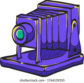 Large format camera icon in color drawing. View field sheet film photography lens