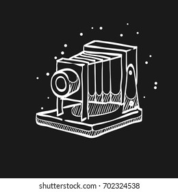 Large format camera icon in doodle sketch lines. View field sheet film photography lens