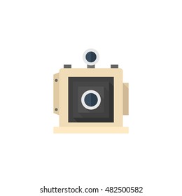 Large format camera icon in flat color style. View field sheet film photography lens