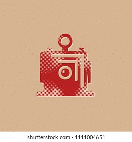 Large format camera icon in halftone style. Grunge background vector illustration.