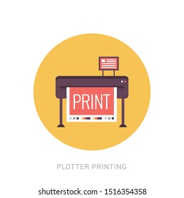 Large format full color latex printer plotter flat vector illustration. Yellow theme concept