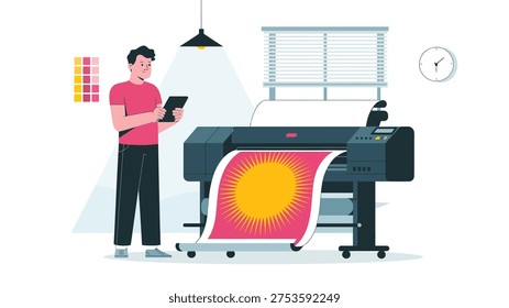 Large format printer printing colorful banner graphic designer operating digital printing machine vector illustration