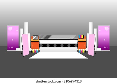 Large Format UV printer with Display stuff and Materials. It's showroom of Printing industrial. Vector illustration of Advertising Graphic design.