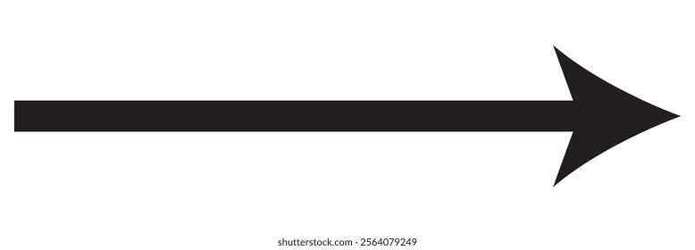 Large forward, right pointing solid long arrow symbol vector. Thin black arrow pointing right. Long, straight-line arrow icon in white. Graphic illustration for direction symbols.