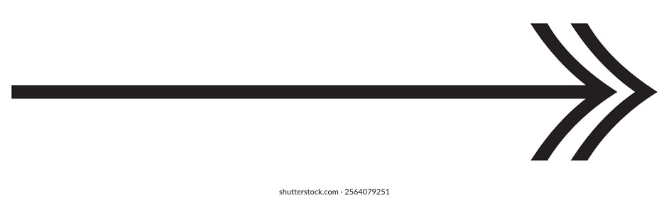 Large forward, right pointing solid long arrow symbol vector. Thin black arrow pointing right. Long, straight-line arrow icon in white. Graphic illustration for direction symbols.