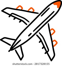 Large four engine commercial airplane A380 icon in diagonal overhead view with orange nose and engines in black and orange minimalist hand drawn line art style