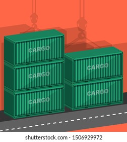 Large freight containers stacked next to the road. Isometric picture. Vector illustration