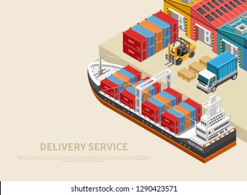 Large freight ship loaded with containers floating near cargo port with heavy machinery and warehouses