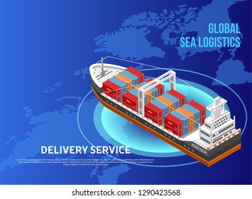 Large freight vessel with cargo containers located over world map as illustration of global sea logistics and delivery service
