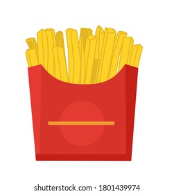 Large french fries fast food. French Fries potato fast food in red carton package box. Isolated on white background flat vector design.