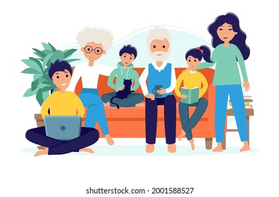 A large friendly family gathered on the couch. Parents, grandparents, children and cat spend time together. A happy family. Vector illustration in flat style