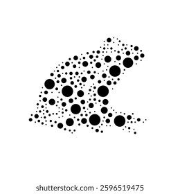 A large frog symbol in the center made in pointillism style. The center symbol is filled with black circles of various sizes. Vector illustration on white background