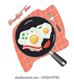 A large frying pan with scrambled eggs, tomatoes, bacon and herbs on a red tablecloth. Vector image in a flat style.