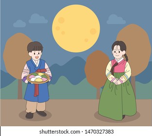 Large full moon of Chuseok. A boy and a girl wearing traditional Korean costumes. hand drawn style vector design illustrations. 